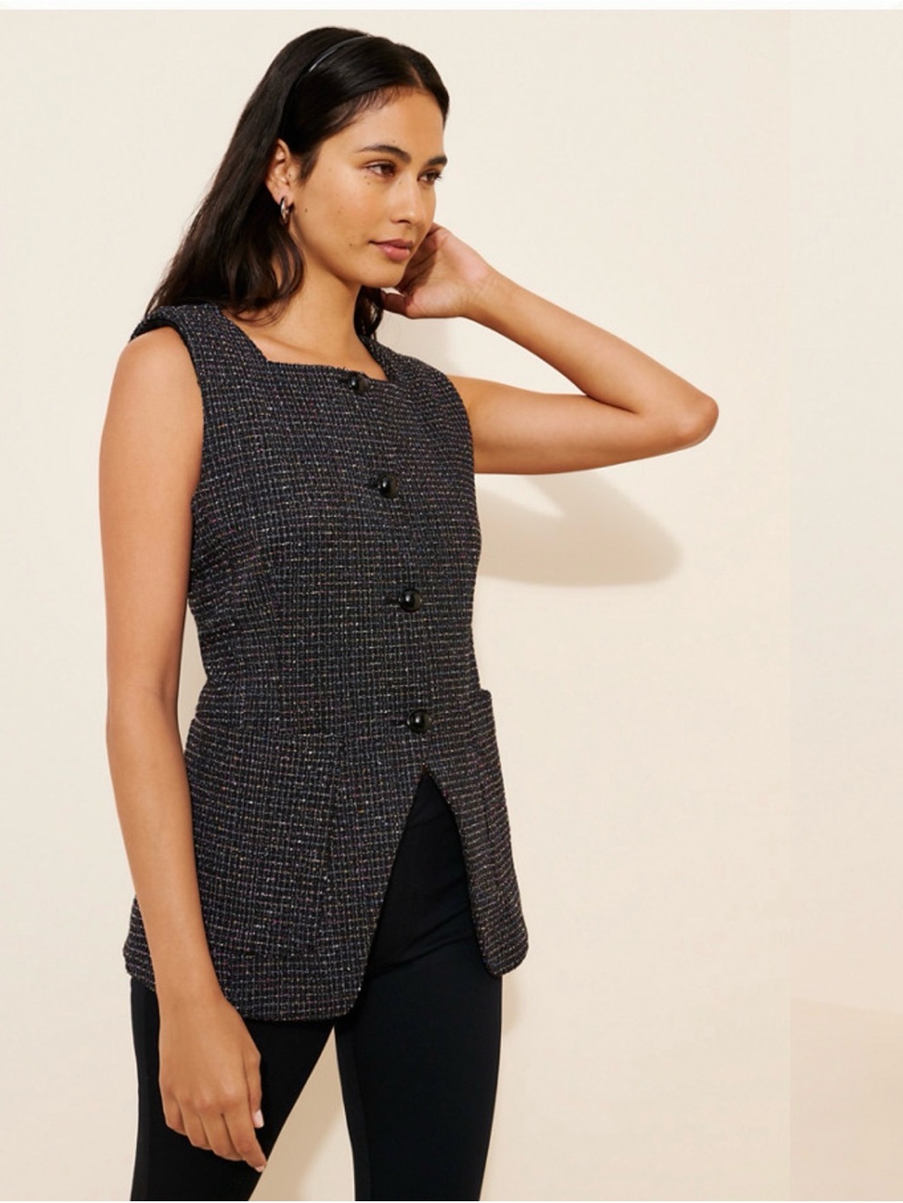 Maeve Black Tweed Sleeveless Button Front Vest